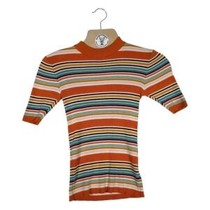 ModCloth Striped Rib Knit Mock Neck Top Women's Size S Orange Multicolor